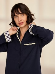 Chelsea Peers Blue Cotton Checkerboard Embroidered Back Good Night Long Pyjamas Set - Image 2 of 9