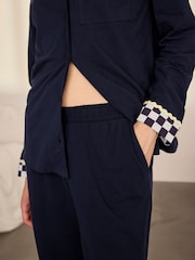 Chelsea Peers Blue Cotton Checkerboard Embroidered Back Good Night Long Pyjamas Set - Image 3 of 9