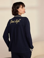 Chelsea Peers Blue Cotton Checkerboard Embroidered Back Good Night Long Pyjamas Set - Image 4 of 9