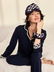Chelsea Peers Blue Cotton Checkerboard Embroidered Back Good Night Long Pyjamas Set - Image 5 of 9