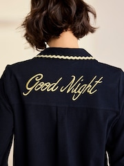 Chelsea Peers Blue Cotton Checkerboard Embroidered Back Good Night Long Pyjamas Set - Image 6 of 9