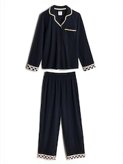Chelsea Peers Blue Cotton Checkerboard Embroidered Back Good Night Long Pyjamas Set - Image 7 of 9