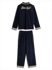 Chelsea Peers Blue Cotton Checkerboard Embroidered Back Good Night Long Pyjamas Set - Image 8 of 9