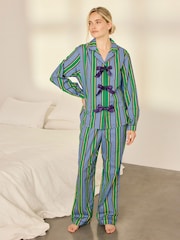 Chelsea Peers Blue/Green Stripe Cotton Jewel Button Up Long Pyjamas Set - Image 1 of 8