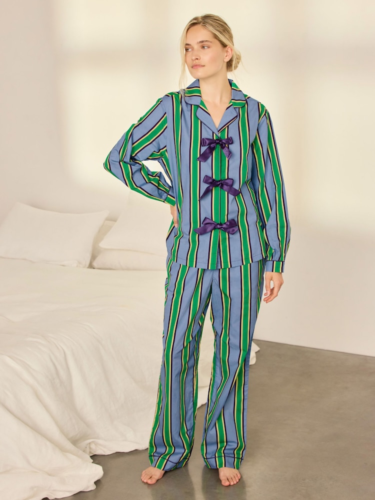 Chelsea Peers Blue/Green Stripe Cotton Jewel Button Up Long Pyjamas Set - Image 1 of 8 Chelsea Peers Blue/Green Stripe Cotton Jewel Button Up Long Pyjamas Set - Image 1 of 8