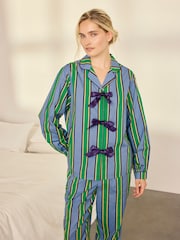 Chelsea Peers Blue/Green Stripe Cotton Jewel Button Up Long Pyjamas Set - Image 2 of 8