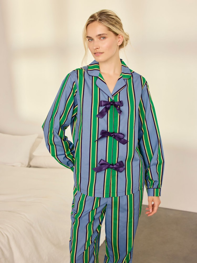 Chelsea Peers Blue/Green Stripe Cotton Jewel Button Up Long Pyjamas Set - Image 2 of 8 Chelsea Peers Blue/Green Stripe Cotton Jewel Button Up Long Pyjamas Set - Image 2 of 8