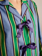 Chelsea Peers Blue/Green Stripe Cotton Jewel Button Up Long Pyjamas Set - Image 3 of 8