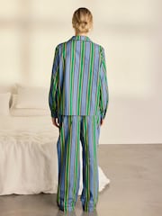Chelsea Peers Blue/Green Stripe Cotton Jewel Button Up Long Pyjamas Set - Image 4 of 8