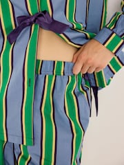 Chelsea Peers Blue/Green Stripe Cotton Jewel Button Up Long Pyjamas Set - Image 5 of 8