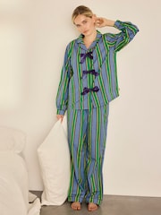 Chelsea Peers Blue/Green Stripe Cotton Jewel Button Up Long Pyjamas Set - Image 6 of 8