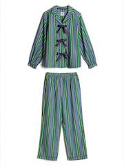 Chelsea Peers Blue/Green Stripe Cotton Jewel Button Up Long Pyjamas Set - Image 7 of 8