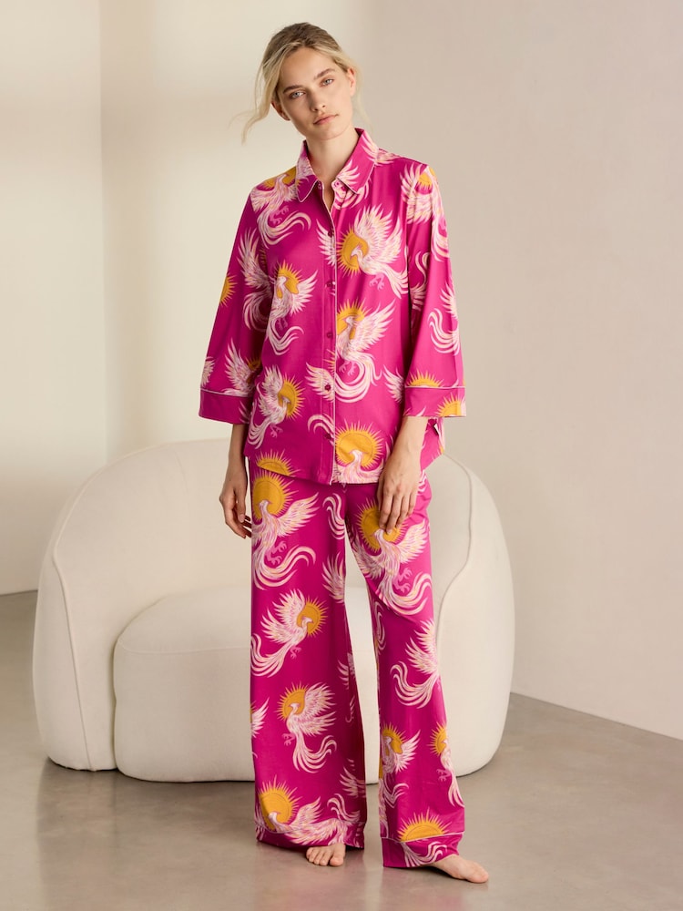 Chelsea Peers Pink Solar Phoenix Print Button Up Long Pyjamas Set - Image 1 of 4