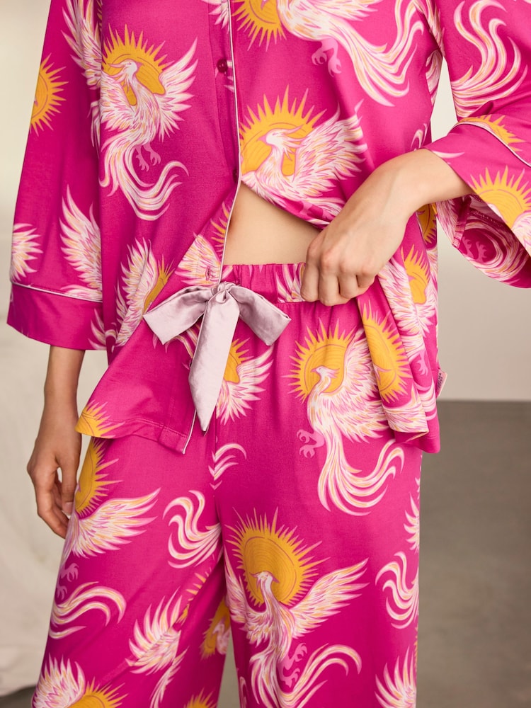 Chelsea Peers Pink Solar Phoenix Print Button Up Long Pyjamas Set - Image 2 of 4