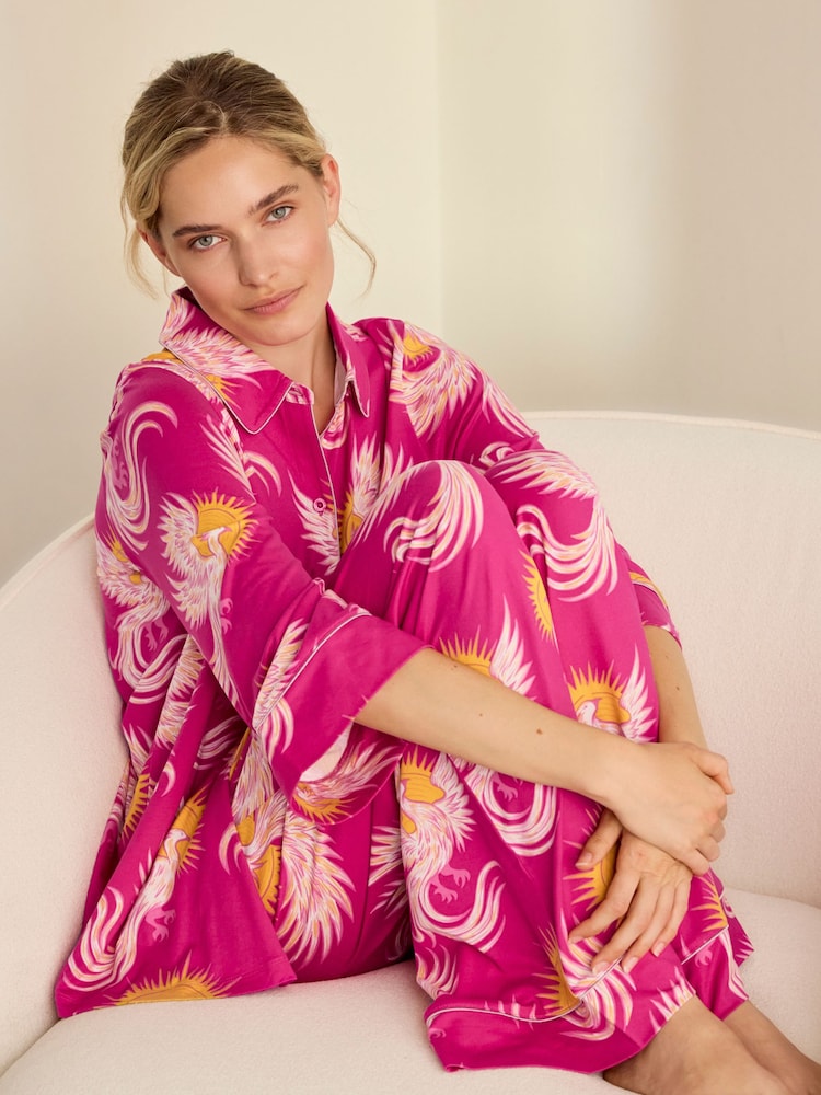 Chelsea Peers Pink Solar Phoenix Print Button Up Long Pyjamas Set - Image 4 of 4