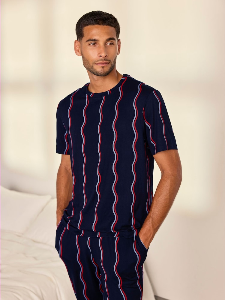 Chelsea Peers Blue Ripple Stripe Long Pyjamas Set - Image 2 of 8 Chelsea Peers Blue Ripple Stripe Long Pyjamas Set - Image 2 of 8