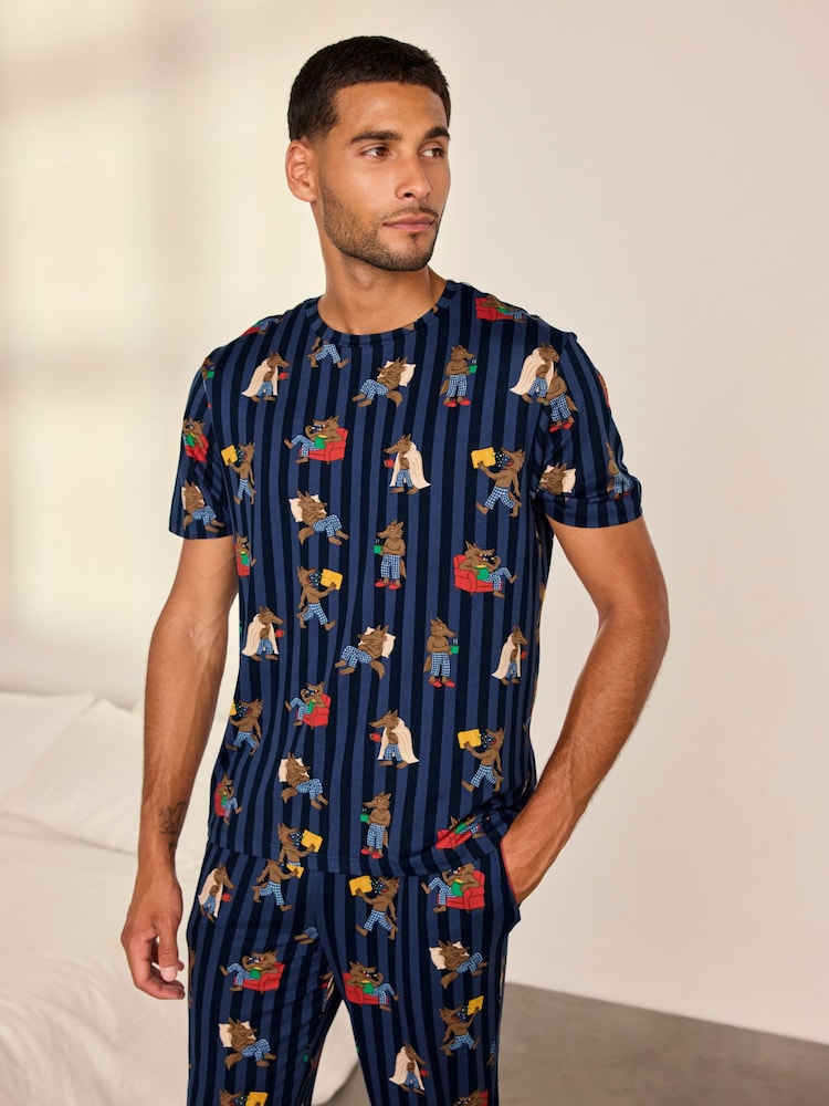 Chelsea Peers Blue Nap Bandit Wolf Print Long Pyjamas Set - Image 2 of 9 Chelsea Peers Blue Nap Bandit Wolf Print Long Pyjamas Set - Image 2 of 9