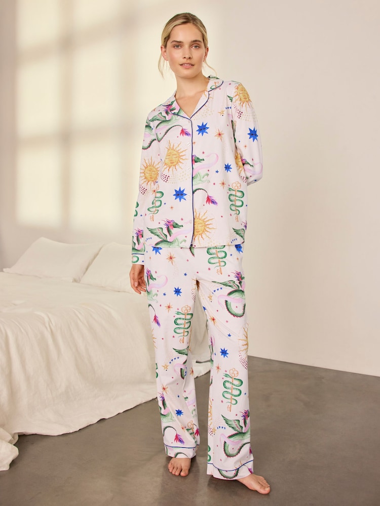 Chelsea Peers Off White Tall Cotton Mythical Dragon Print Long Pyjama Set - Image 2 of 9