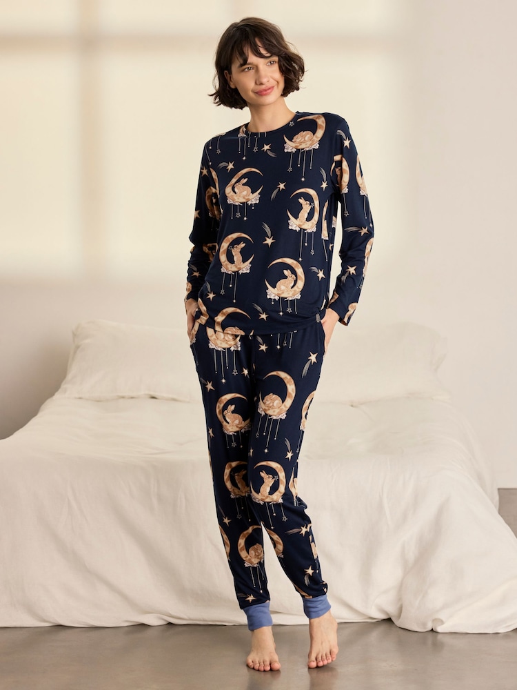 Chelsea Peers Blue Lunar Bunny Print Long Pyjamas Set - Image 1 of 8 Chelsea Peers Blue Lunar Bunny Print Long Pyjamas Set - Image 1 of 8