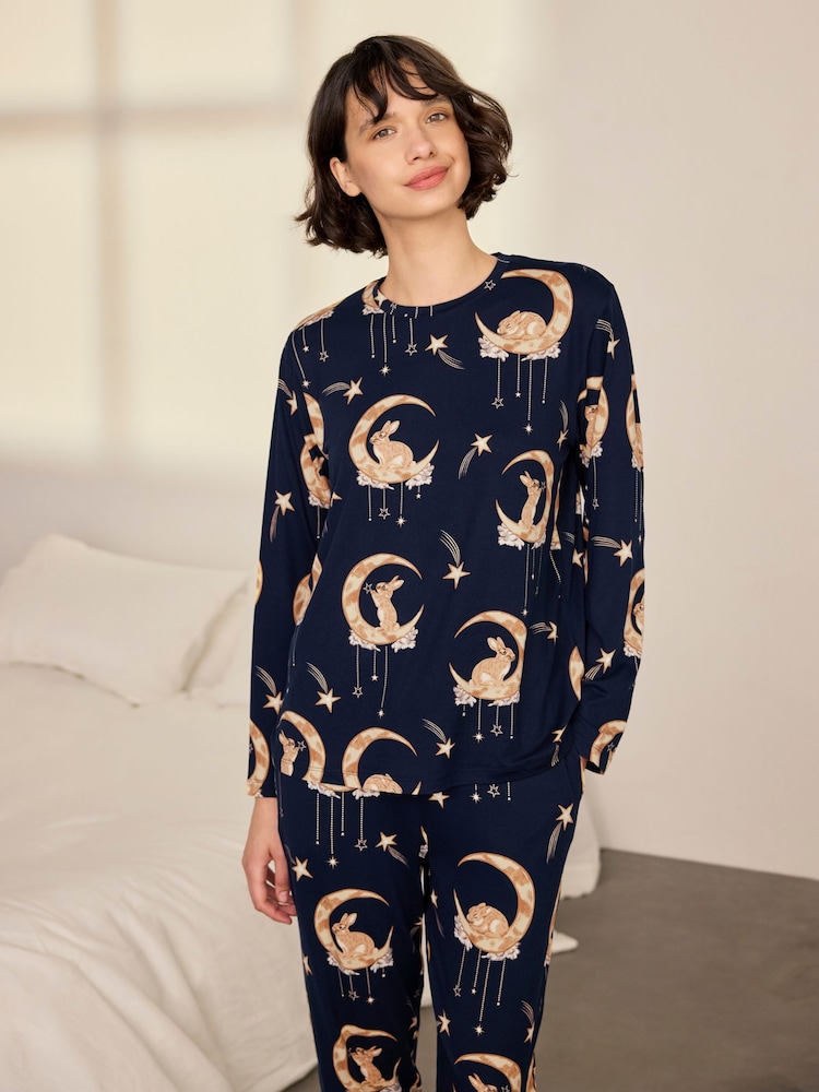 Chelsea Peers Blue Lunar Bunny Print Long Pyjamas Set - Image 2 of 8 Chelsea Peers Blue Lunar Bunny Print Long Pyjamas Set - Image 2 of 8