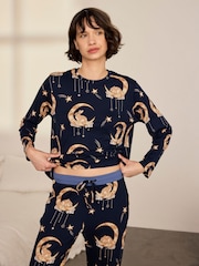 Chelsea Peers Blue Lunar Bunny Print Long Pyjamas Set - Image 5 of 8