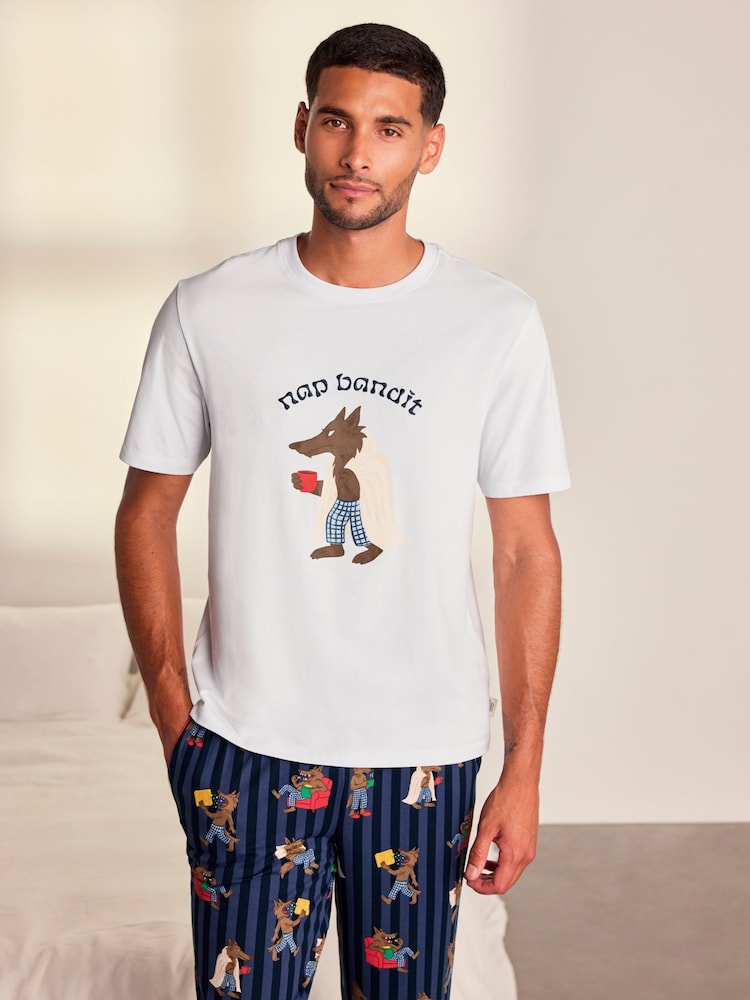 Chelsea Peers Blue Nap Bandit Wolf Graphic Tee Long Pyjamas Set - Image 2 of 7 Chelsea Peers Blue Nap Bandit Wolf Graphic Tee Long Pyjamas Set - Image 2 of 7