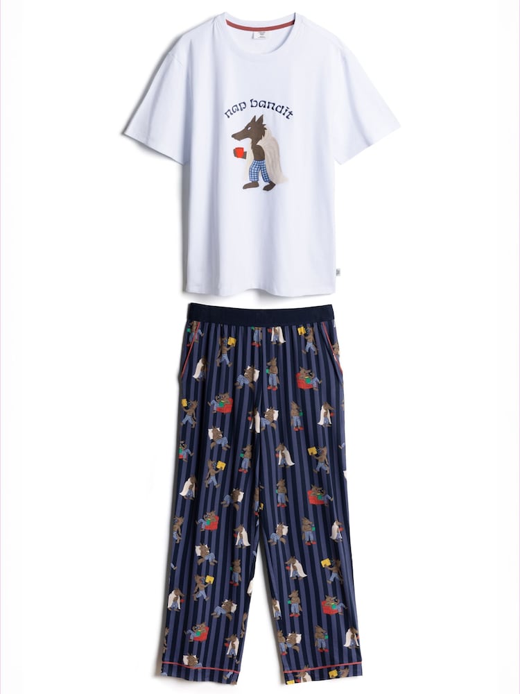 Chelsea Peers Blue Nap Bandit Wolf Graphic Tee Long Pyjamas Set - Image 7 of 7 Chelsea Peers Blue Nap Bandit Wolf Graphic Tee Long Pyjamas Set - Image 7 of 7