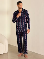 Chelsea Peers Blue Ripple Stripe Button-Up Long Pyjamas Set - Image 1 of 8