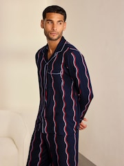 Chelsea Peers Blue Ripple Stripe Button-Up Long Pyjamas Set - Image 2 of 8