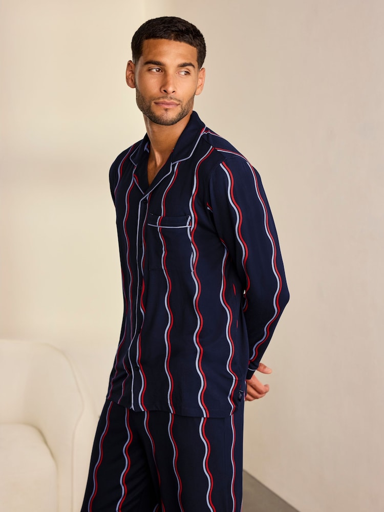 Chelsea Peers Blue Ripple Stripe Button-Up Long Pyjamas Set - Image 2 of 8 Chelsea Peers Blue Ripple Stripe Button-Up Long Pyjamas Set - Image 2 of 8