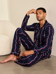 Chelsea Peers Blue Ripple Stripe Button-Up Long Pyjamas Set - Image 7 of 8