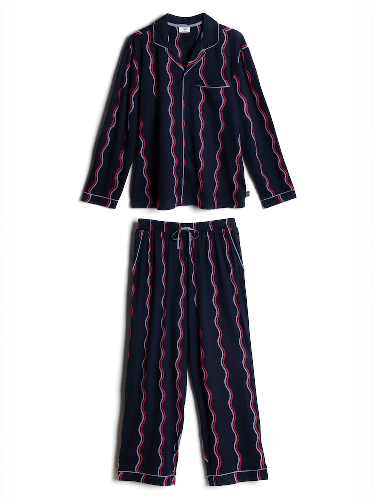 Chelsea Peers Blue Ripple Stripe Button-Up Long Pyjamas Set - Image 8 of 8 Chelsea Peers Blue Ripple Stripe Button-Up Long Pyjamas Set - Image 8 of 8