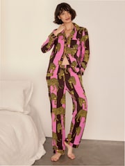 Chelsea Peers Brown Cotton Leopard Stripe Print Long Pyjamas Set - Image 1 of 9