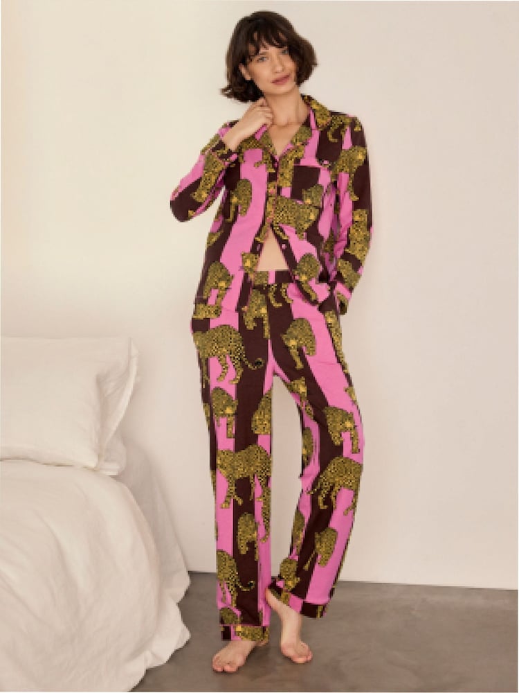 Chelsea Peers Brown Cotton Leopard Stripe Print Long Pyjamas Set - Image 1 of 9 Chelsea Peers Brown Cotton Leopard Stripe Print Long Pyjamas Set - Image 1 of 9