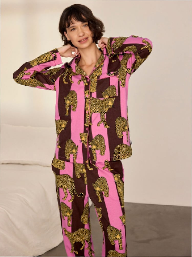 Chelsea Peers Brown Cotton Leopard Stripe Print Long Pyjamas Set - Image 2 of 9 Chelsea Peers Brown Cotton Leopard Stripe Print Long Pyjamas Set - Image 2 of 9