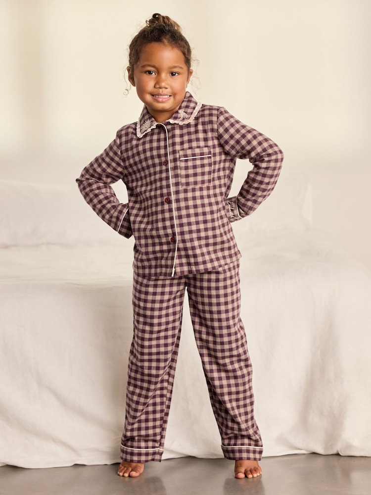 Chelsea Peers Brown Kids Cotton Embroidered Gingham Enchanted Dreams Long Pyjamas Set - Image 1 of 9 Chelsea Peers Brown Kids Cotton Embroidered Gingham Enchanted Dreams Long Pyjamas Set - Image 1 of 9