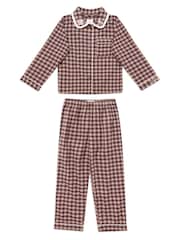 Chelsea Peers Brown Kids Cotton Embroidered Gingham Enchanted Dreams Long Pyjamas Set - Image 7 of 9