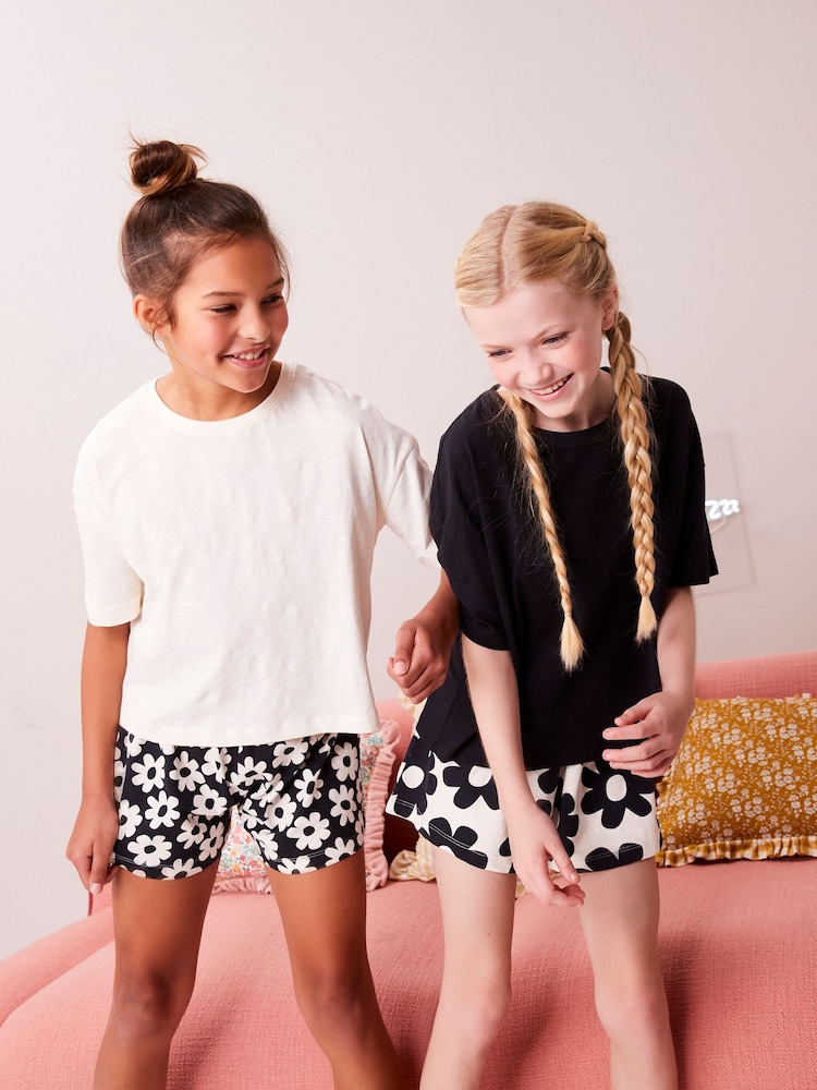 Black/White Floral 100% Cotton Short Pyjamas 2 Pack (3-16yrs) - Image 1 of 11