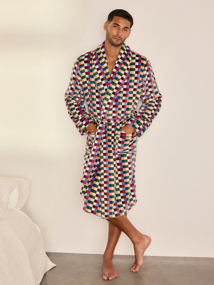 Chelsea Peers Multi Fleece Retro Check Print Dressing Gown - Image 1 of 8 Chelsea Peers Multi Fleece Retro Check Print Dressing Gown - Image 1 of 8