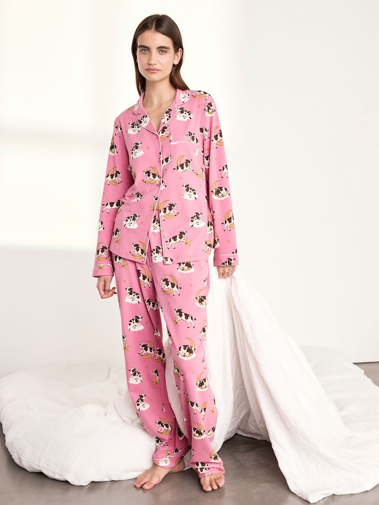 Chelsea Peers Pink Cotton Cosmic Cow Print Long Pyjamas Set - Image 2 of 6 Chelsea Peers Pink Cotton Cosmic Cow Print Long Pyjamas Set - Image 2 of 6