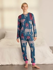 Chelsea Peers Green Jewel Leopard Print Long Pyjamas Set - Image 1 of 8
