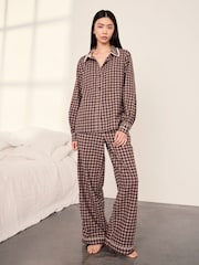 Chelsea Peers Brown Gingham Petite Cotton Embroidered Enchanted Dreams Long Pyjamas Set - Image 1 of 6