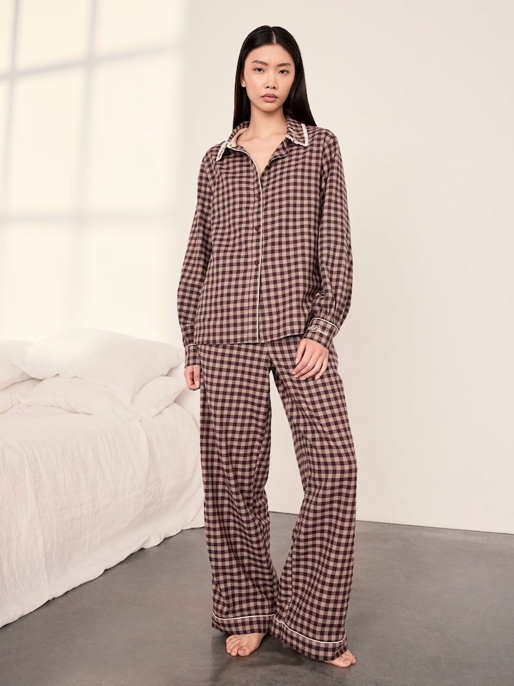 Chelsea Peers Brown Gingham Petite Cotton Embroidered Enchanted Dreams Long Pyjamas Set - Image 1 of 6