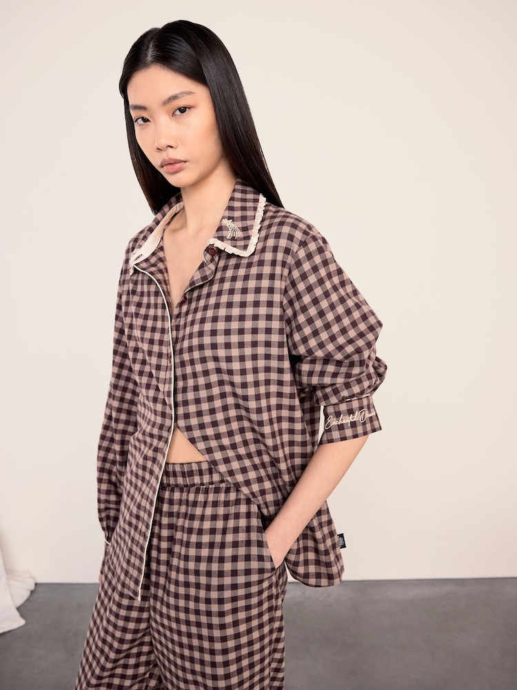 Chelsea Peers Brown Gingham Petite Cotton Embroidered Enchanted Dreams Long Pyjamas Set - Image 2 of 6