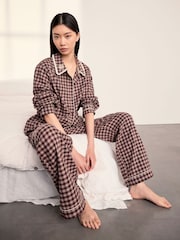 Chelsea Peers Brown Gingham Petite Cotton Embroidered Enchanted Dreams Long Pyjamas Set - Image 5 of 6