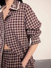 Chelsea Peers Brown Gingham Petite Cotton Embroidered Enchanted Dreams Long Pyjamas Set - Image 6 of 6