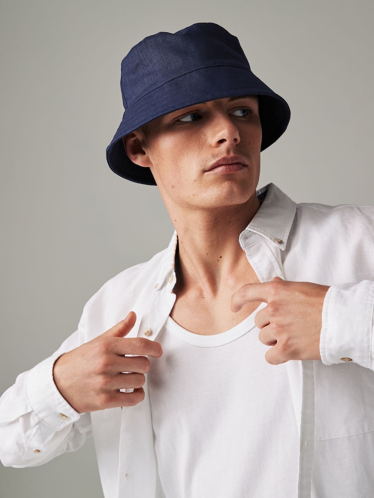 Navy Blue Linen Bucket Hat - Image 1 of 4 Navy Blue Linen Bucket Hat - Image 1 of 4