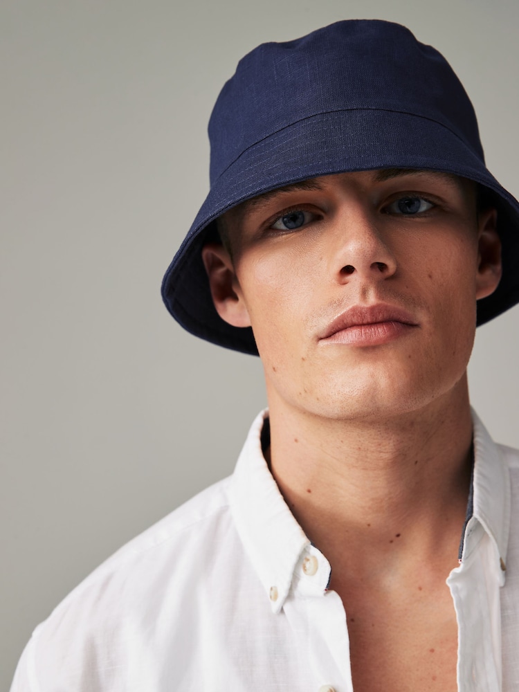 Navy Blue Linen Bucket Hat - Image 2 of 4 Navy Blue Linen Bucket Hat - Image 2 of 4