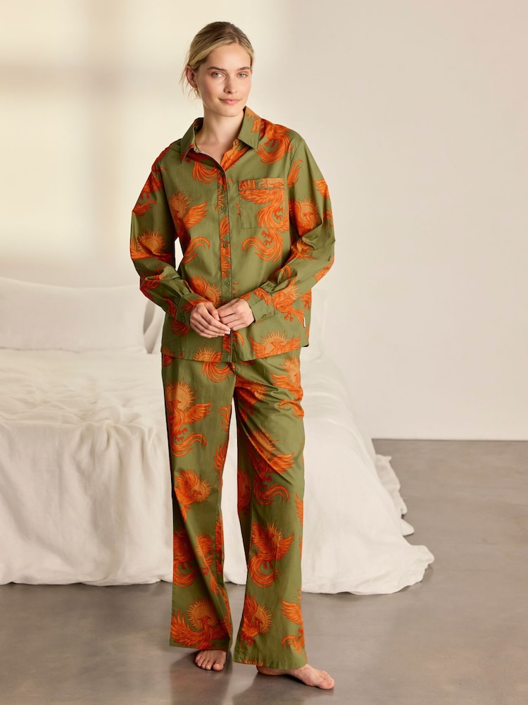 Chelsea Peers Green Cotton Solar Phoenix Print Long Pyjamas Set - Image 1 of 7 Chelsea Peers Green Cotton Solar Phoenix Print Long Pyjamas Set - Image 1 of 7