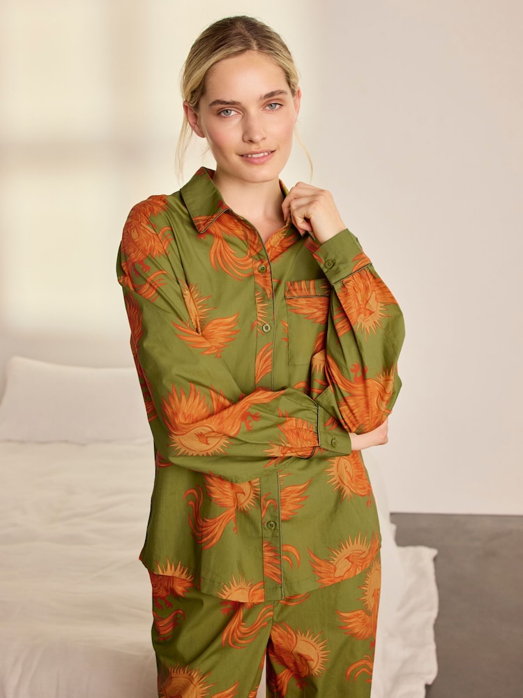 Chelsea Peers Green Cotton Solar Phoenix Print Long Pyjamas Set - Image 2 of 7 Chelsea Peers Green Cotton Solar Phoenix Print Long Pyjamas Set - Image 2 of 7